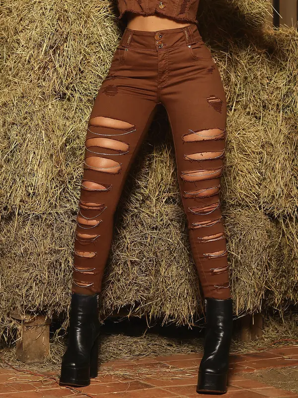 Calça Boyfriend Color Modeladora e Sofisticada com Detalhes Destroyed Pit Bull Jeans Luxo
