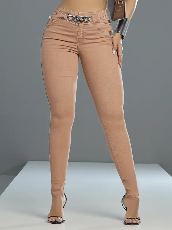Calça Skinny Color Sofisticada e Modeladora com Lateral de Strass Pit Bull Jeans Luxo