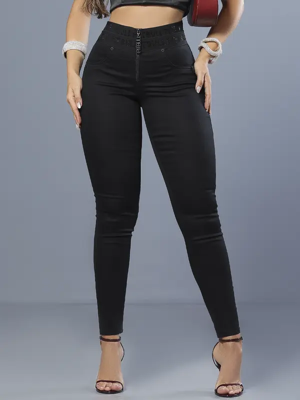 Calça Skinny Hot Pants Preta Sofisticada com Elástico no Cós Pit Bull Jeans Luxo