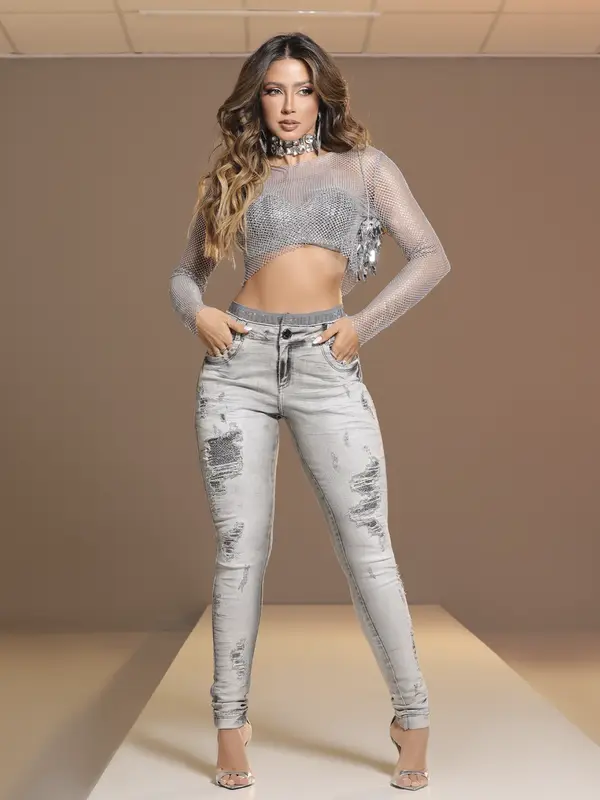 Calça Feminina Color Sofisticada com Elástico no Cós e Detalhes Destroyed Pit Bull Jeans Luxo