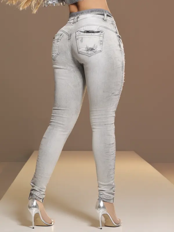 Calça Feminina Color Sofisticada com Elástico no Cós e Detalhes Destroyed Pit Bull Jeans Luxo