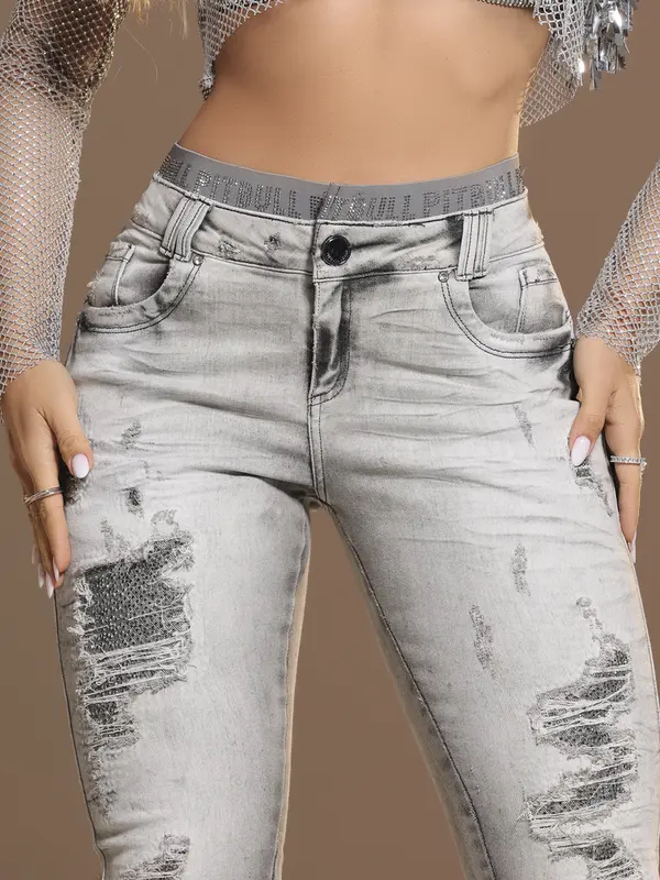 Calça Feminina Color Sofisticada com Elástico no Cós e Detalhes Destroyed Pit Bull Jeans Luxo