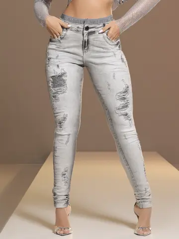 Calça Feminina Color Sofisticada com Elástico no Cós e Detalhes Destroyed Pit Bull Jeans Luxo
