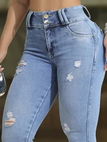 Calça Skinny Cintura Alta Estilosa e Casual com Detalhes Puídos Pit Bull Jeans Premium