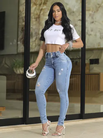 Calça Skinny Cintura Alta Estilosa e Casual com Detalhes Puídos Pit Bull Jeans Premium