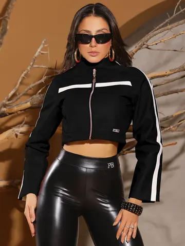 Jaqueta Feminina Pit Bull Jeans Luxo Elegante e Sofisticada com Faixas nas Mangas