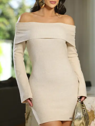 Vestido Canelado Ombro a Ombro com Manga Longa Elegante e Modelador Empório Pit Bull