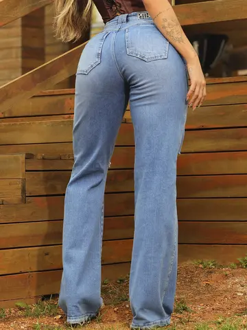 Calça Wide Leg Fashion com Logomania de Strass e Detalhes Destroyeds Pit Bull Jeans Luxo