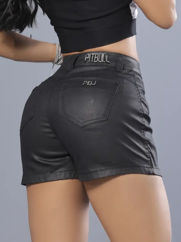 Short Saia Preto Sofisticado e Confortável com Zíper de Strass Pit Bull Jeans Luxo