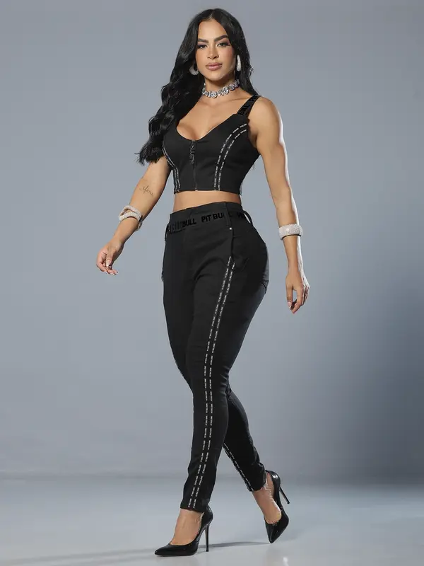 Calça Jogger Preta Sofisticada com Lateral e Cinto Personalizado Pit Bull Jeans Luxo