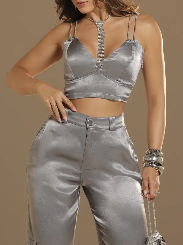 Cropped Sofisticado e Glamouroso com Alças de Strass Pit Bull Jeans Luxo