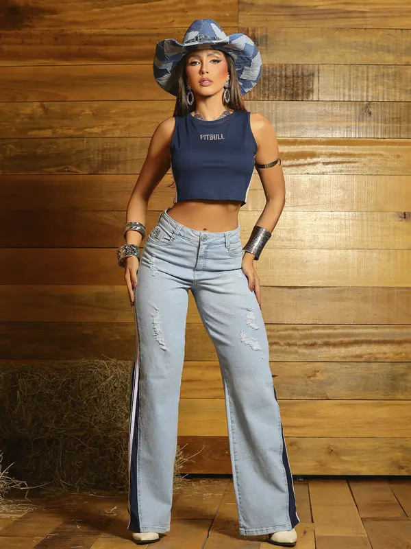 Calça Wide Leg Estilosa e Autêntica com Detalhes Laterais Pit Bull Jeans Luxo