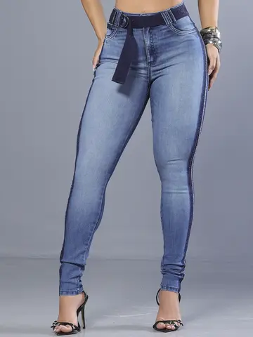 Calça Hot Pants Modeladora com Lateral de Strass e Cinto Personalizado Pit Bull Jeans Luxo