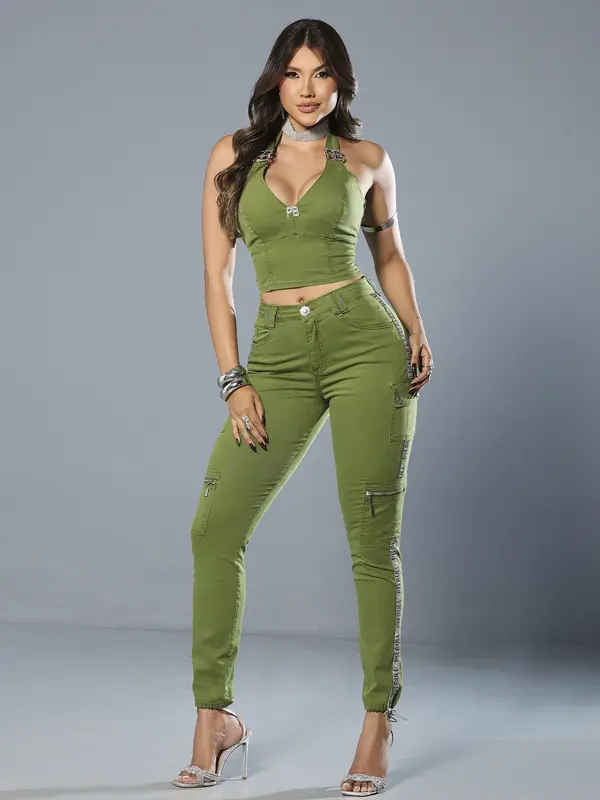 Cropped Frente Única Verde Sofisticado e Modelador Pit Bull Jeans Luxo