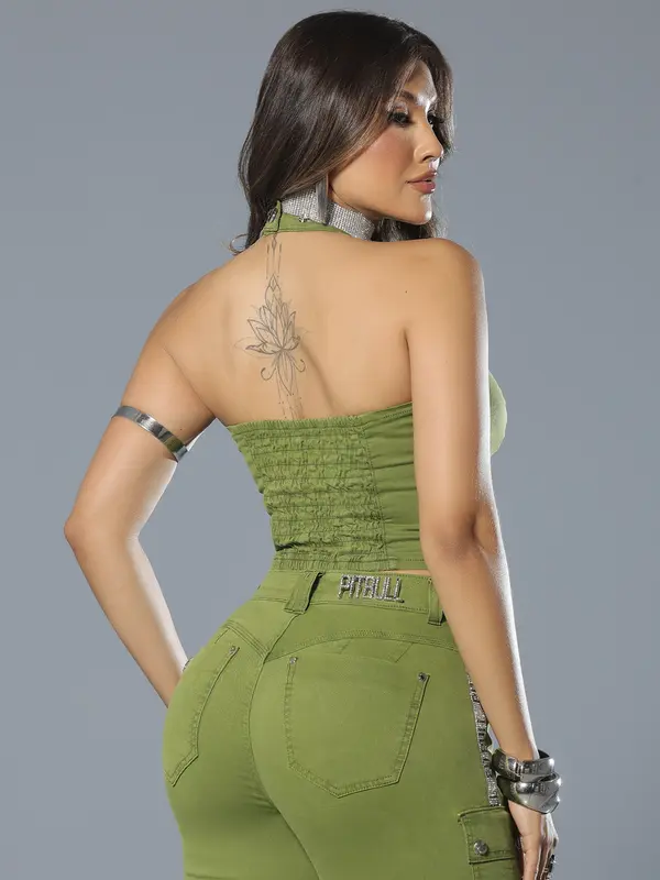 Cropped Frente Única Verde Sofisticado e Modelador Pit Bull Jeans Luxo