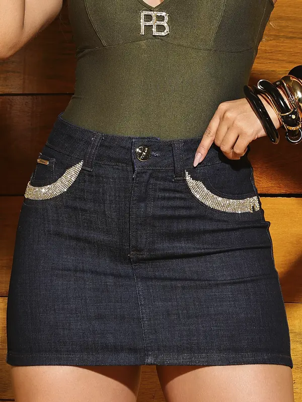 Minissaia Jeans Casual e Sofisticada com Bordado de Strass Pit Bull Jeans Luxo