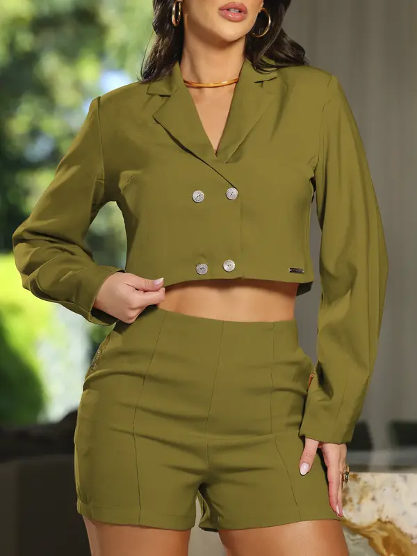 Conjunto Cropped e Short Alfaiataria Empório Pit Bull Sofisticado com Toque Elegante