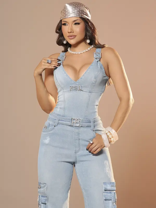 Macacão Wide Leg Estiloso e Sofisticado com Cinto Personalizado Pit Bull Jeans Luxo