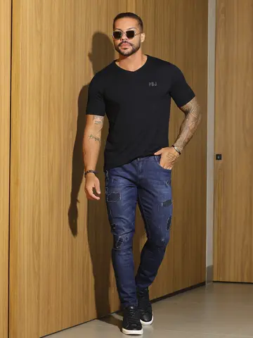 Calça Masculina Estilosa e Sofisticada com Detalhes Destroyeds Pit Bull Jeans Luxo