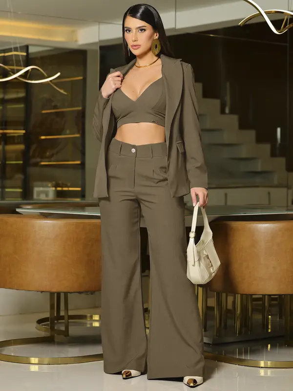 Conjunto Blazer, Top e Calça Wide Leg Elegante e Sofisticado Empório Pit Bull