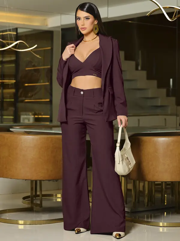 Conjunto Blazer, Top e Calça Wide Leg Elegante e Sofisticado Empório Pit Bull