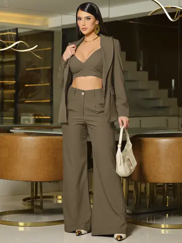 Conjunto Blazer, Top e Calça Wide Leg Elegante e Sofisticado Empório Pit Bull