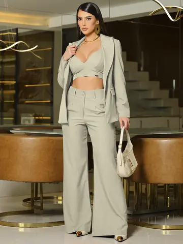 Conjunto Blazer, Top e Calça Wide Leg Elegante e Sofisticado Empório Pit Bull