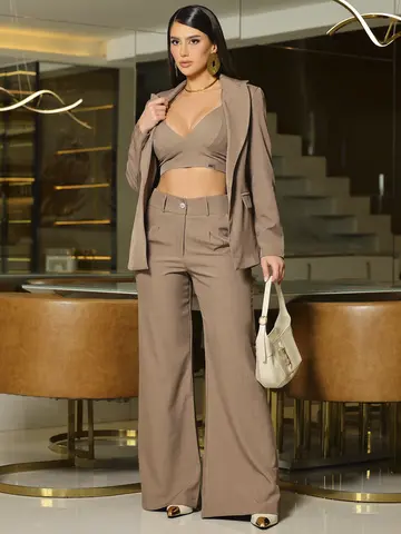 Conjunto Blazer, Top e Calça Wide Leg Elegante e Sofisticado Empório Pit Bull