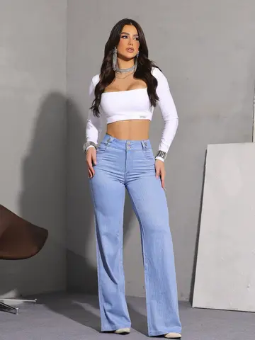 Calça Wide Leg Slim Conceito Fashion e Estilosa com Pedrarias Pit Bull Jeans Premium