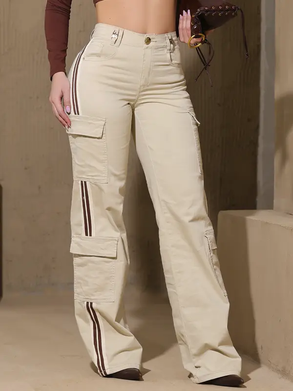 Calça Wide Leg Cargo Estilosa e Sofisticada com Faixas Laterais Pit Bull Jeans Premium