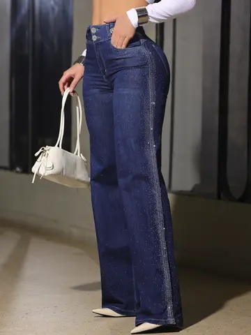 Calça Wide Leg Conceito Fashion com Detalhes em Pedrarias Pit Bull Jeans Premium