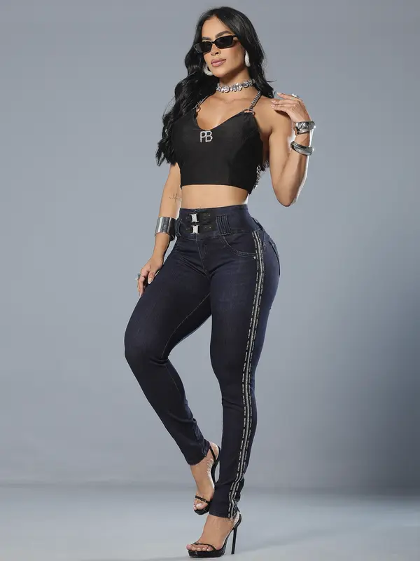 Calça Skinny Cós Largo Estiloso e Sofisticado com Detalhes Laterais Pit Bull Jeans Luxo