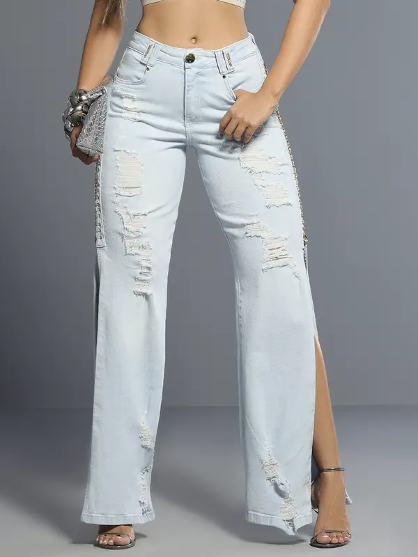 Calça Wide Leg Fashion com Detalhes Puídos e Ilhoses Lateral Pit Bull Jeans Luxo