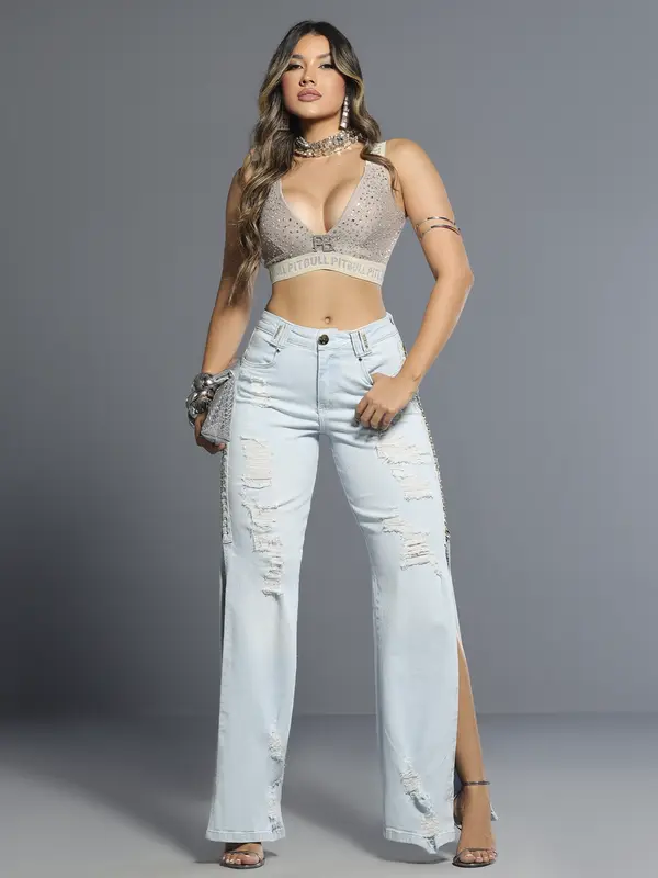 Calça Wide Leg Fashion com Detalhes Puídos e Ilhoses Lateral Pit Bull Jeans Luxo