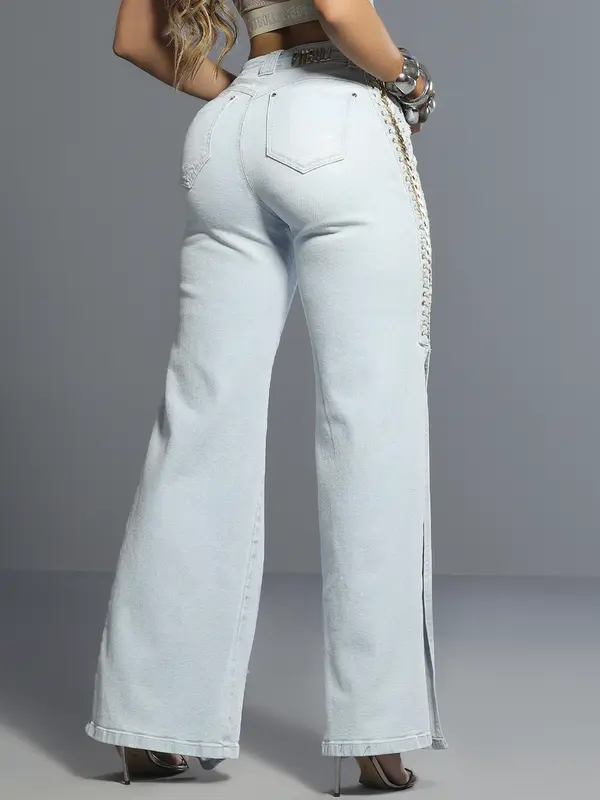 Calça Wide Leg Fashion com Detalhes Puídos e Ilhoses Lateral Pit Bull Jeans Luxo