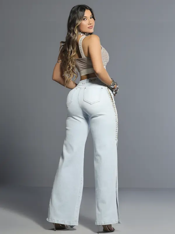 Calça Wide Leg Fashion com Detalhes Puídos e Ilhoses Lateral Pit Bull Jeans Luxo