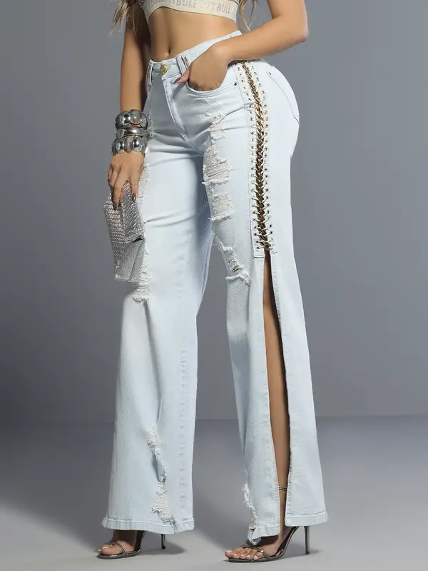 Calça Wide Leg Fashion com Detalhes Puídos e Ilhoses Lateral Pit Bull Jeans Luxo