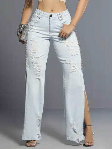 Calça Wide Leg Fashion com Detalhes Puídos e Ilhoses Lateral Pit Bull Jeans Luxo