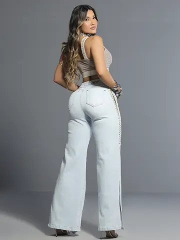 Calça Wide Leg Fashion com Detalhes Puídos e Ilhoses Lateral Pit Bull Jeans Luxo
