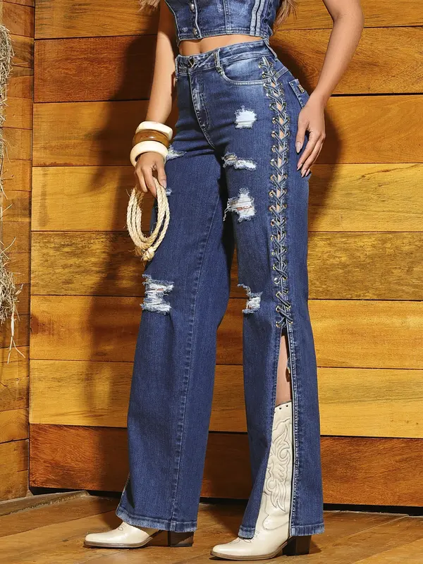 Calça Wide Leg Estilosa e Autêntica com Detalhes de Ilhoses Laterais Pit Bull Jeans Luxo