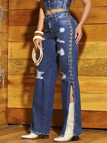 Calça Wide Leg Estilosa e Autêntica com Detalhes de Ilhoses Laterais Pit Bull Jeans Luxo