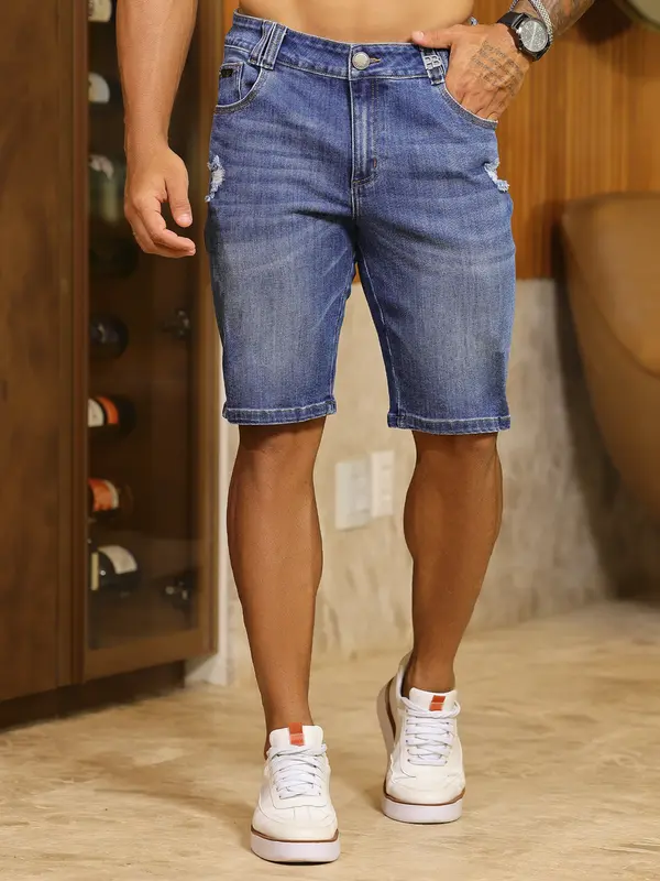 Bermuda Masculina Estilosa e Casual com Detalhes Puídos Pit Bull Jeans Luxo