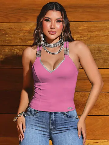 Blusa Sexy Estilosa com Detalhes de Strass e Alças Cruzadas Pit Bull Jeans Luxo