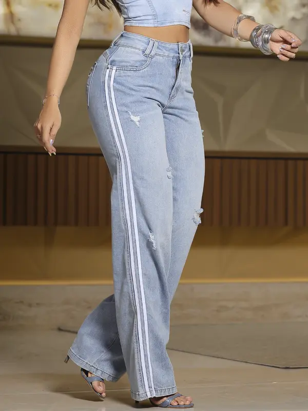 Calça Wide Leg Sofisticada e Confortável com Detalhes Puídos Pit Bull Jeans Premium
