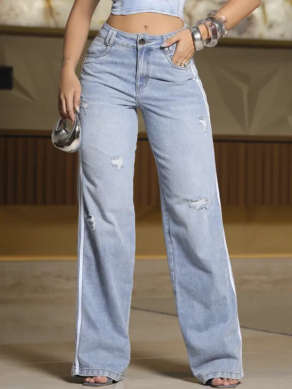 Calça Wide Leg Sofisticada e Confortável com Detalhes Puídos Pit Bull Jeans Premium
