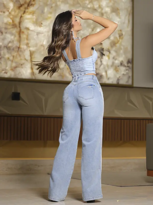 Calça Wide Leg Sofisticada e Confortável com Detalhes Puídos Pit Bull Jeans Premium