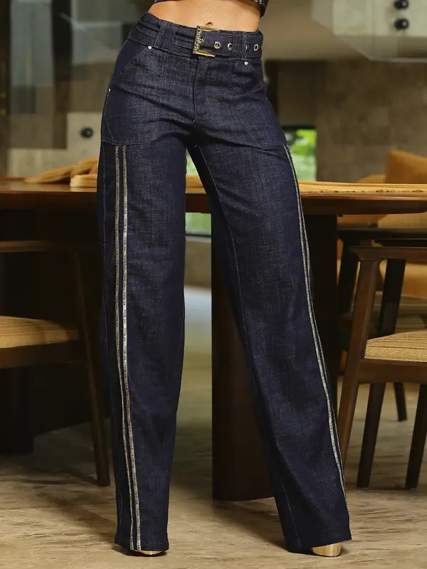 Calça Wide Leg Estilosa com Detalhes Laterais e Cinto Personalizado Pit Bull Jeans Luxo