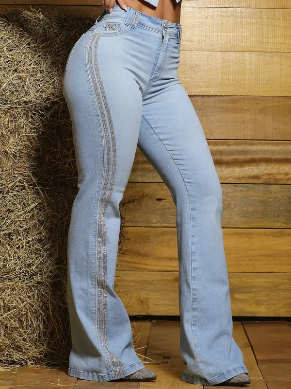Calça Flare Elegante e Sofisticada com Lateral de Strass Pit Bull Jeans Luxo