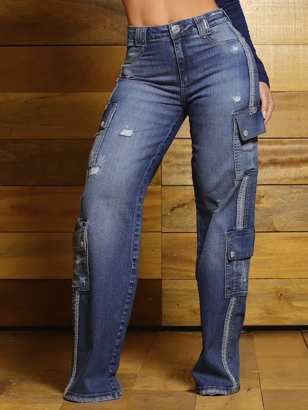 Calça Wide Leg Estilosa e Confortável com Bolsos Cargo Pit Bull Jeans Luxo