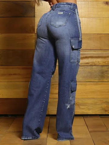 Calça Wide Leg Estilosa e Confortável com Bolsos Cargo Pit Bull Jeans Luxo
